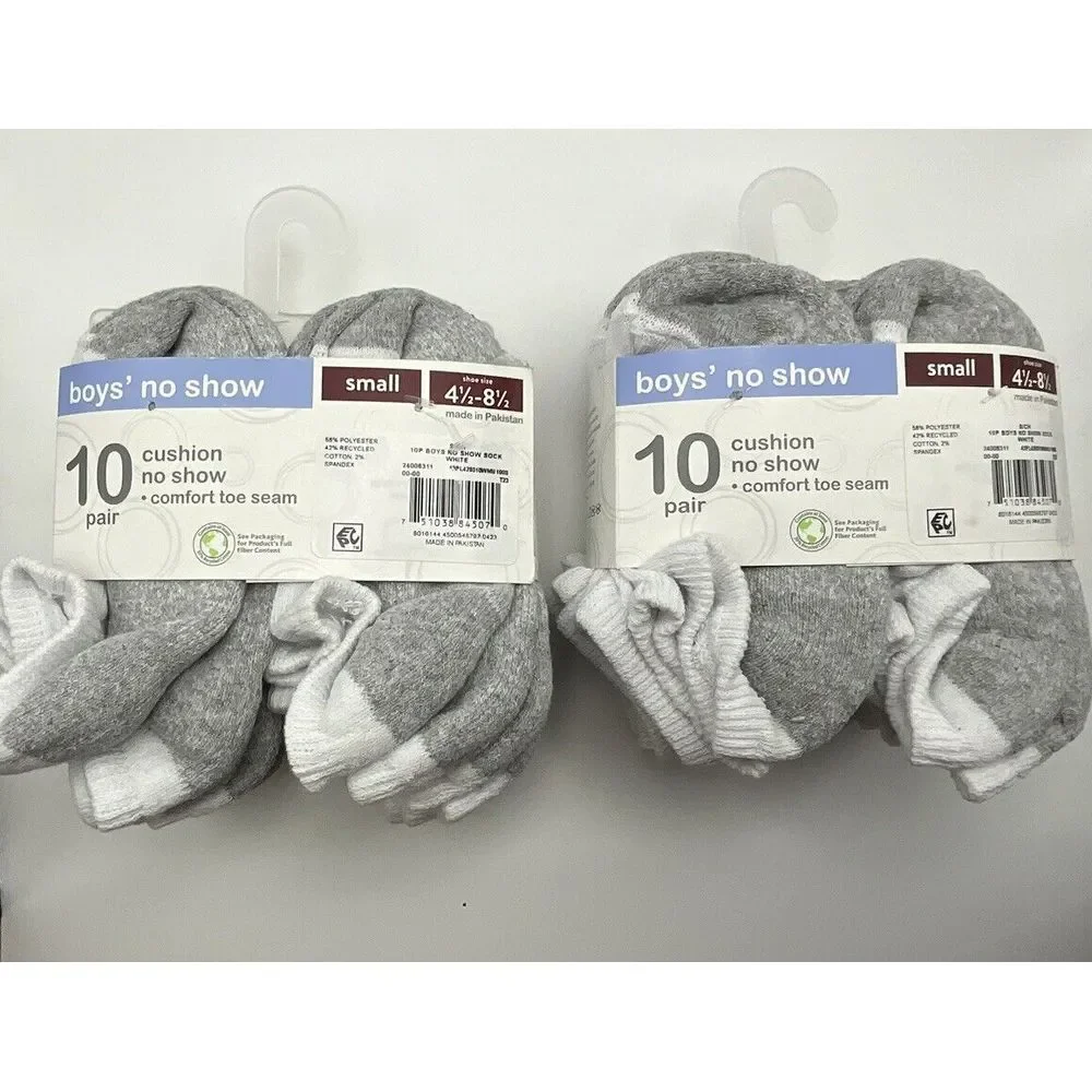 New 2 Packs Of Wonder Nation Boys 10 Pair White Gray No-Show Socks Size 4.5-8.5‎
